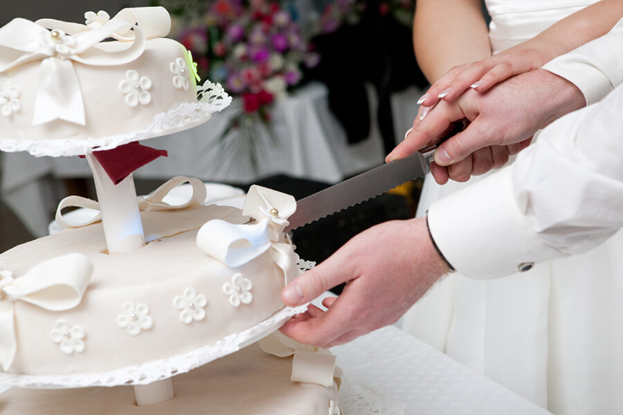 bride and groom cut a slice of wedding cake