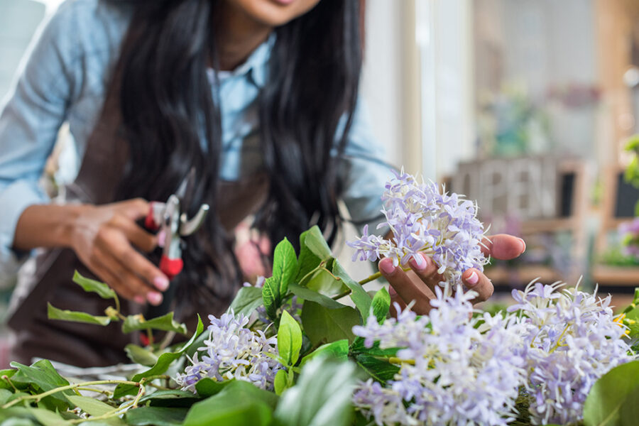 cropped shot of young woman holding beautiful flowers and cutting stems