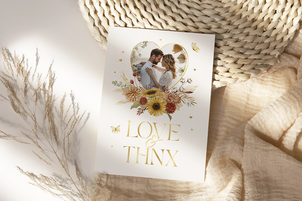 Eine Grußkarte mit einem romantischen Foto eines sich umarmenden Paares in einem herzförmigen Rahmen, umgeben von Blumen und Schmetterlingen. Darunter sind in Gold die Worte „LOVE & THNX“ geschrieben. Die Karte liegt auf einer gewebten Matte mit einer zarten Pflanze daneben.